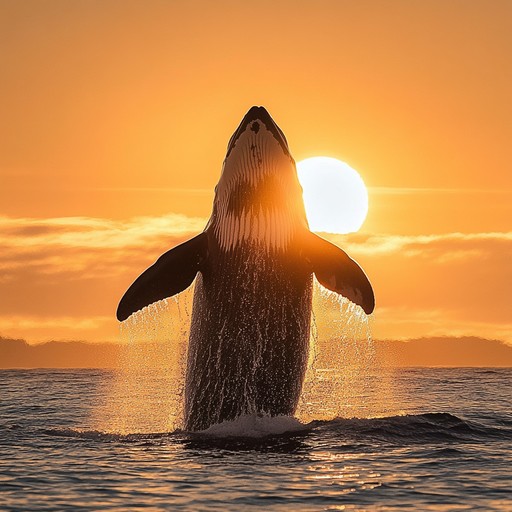 Whale breaching out if the water in sunset